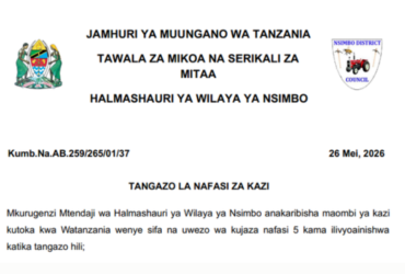 Nafasi 5 za Kazi Halmashauri ya Wilaya ya Nsimbo