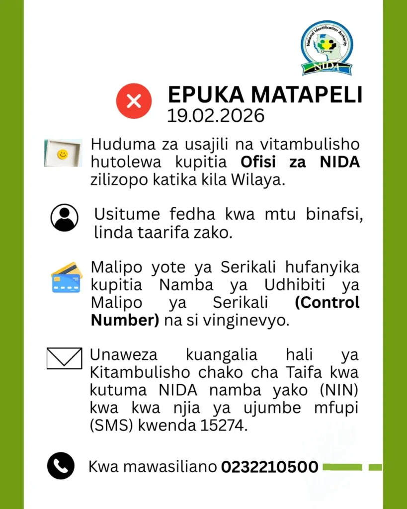 Mamlaka ya Vitambulisho vya Taifa (NIDA) inawakumbusha wateja wake kuzingatia matumizi ya njia