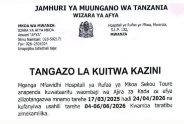Walioitwa kazini Ajira za Kujitolea Hospitali ya Rufaa ya Mkoa Sekou Toure 2026