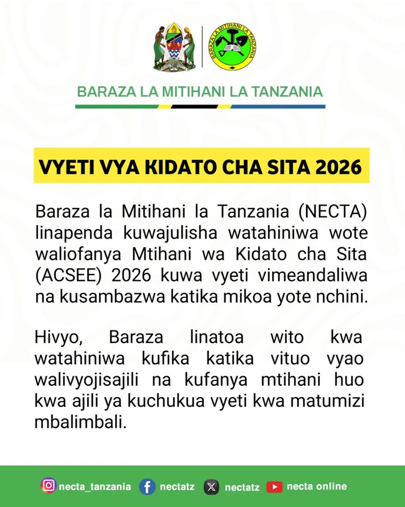 Kidato cha Sita 2026 NECTA Vimetoka