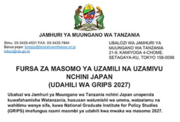 Fursa Za Masomo Ya Uzamili Nchini Japan – GRIPS 2027