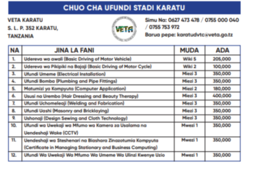 Kozi Za Muda Mfupi VETA Karatu 2026