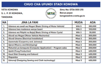 Kozi za VETA Kongwa 2026: Muda na Ada za Mafunzo