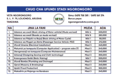 Kozi za VETA Ngorongoro 2026: Muda na Ada