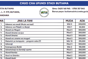 Kozi za VETA Butiama 2026: Muda na Ada