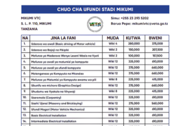 Kozi za VETA Mikumi 2026: Muda na Ada