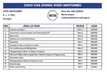 Kozi za VETA Namtumbo 2026: Muda na Ada